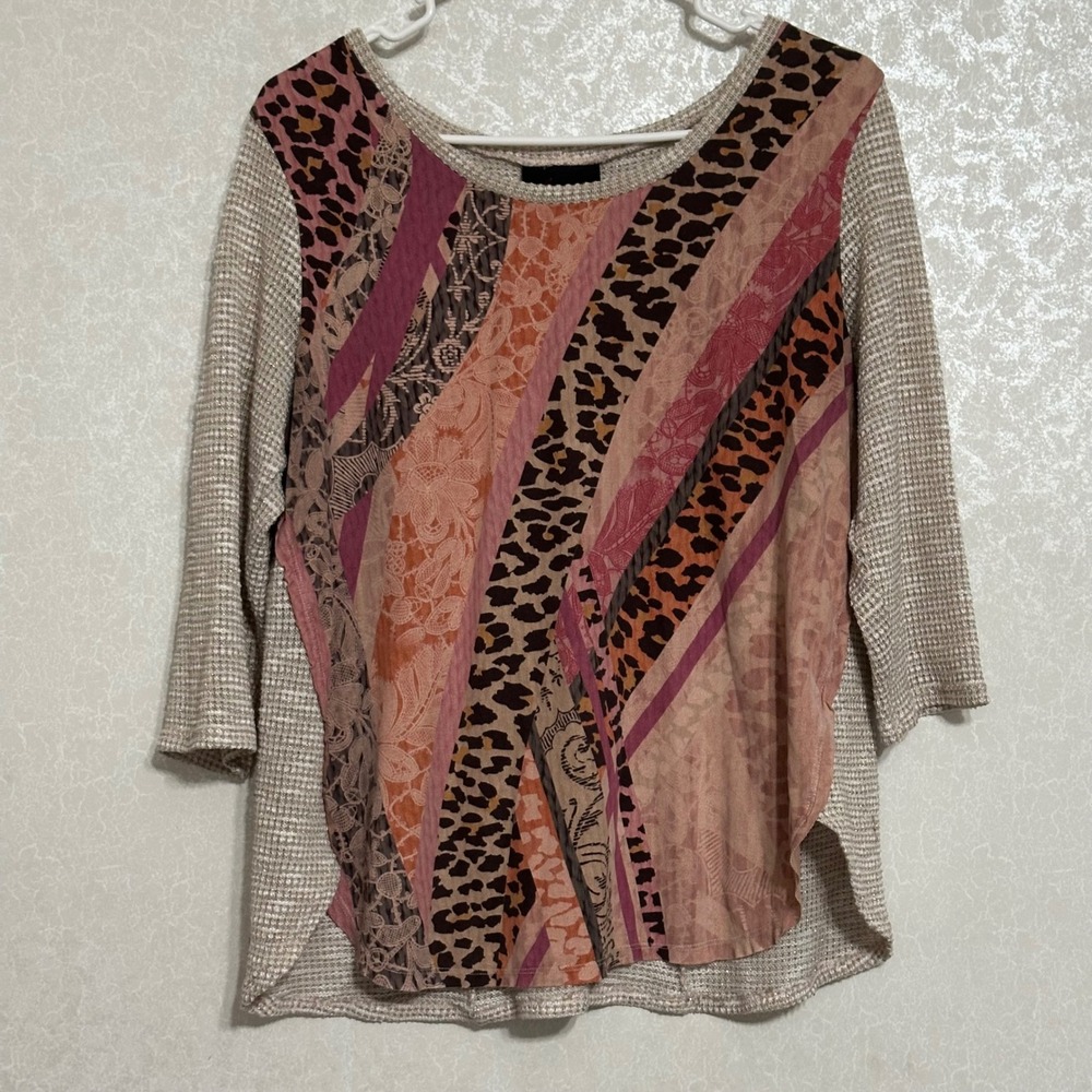 French Blue Floral Animal Print Patchwork Top 3/4 Sleeve Boho Knit Blouse Sz M